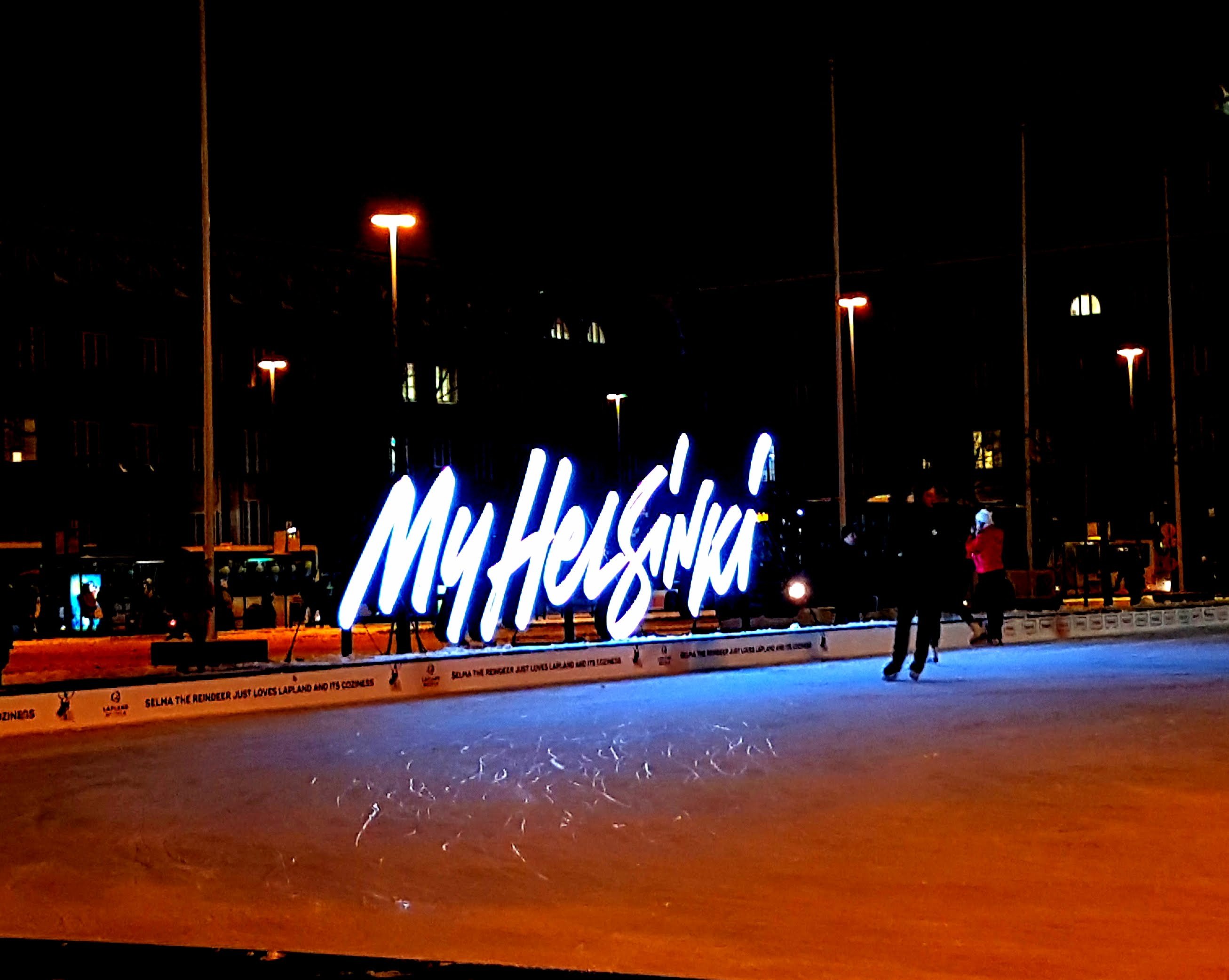 My Helsinki sign at night